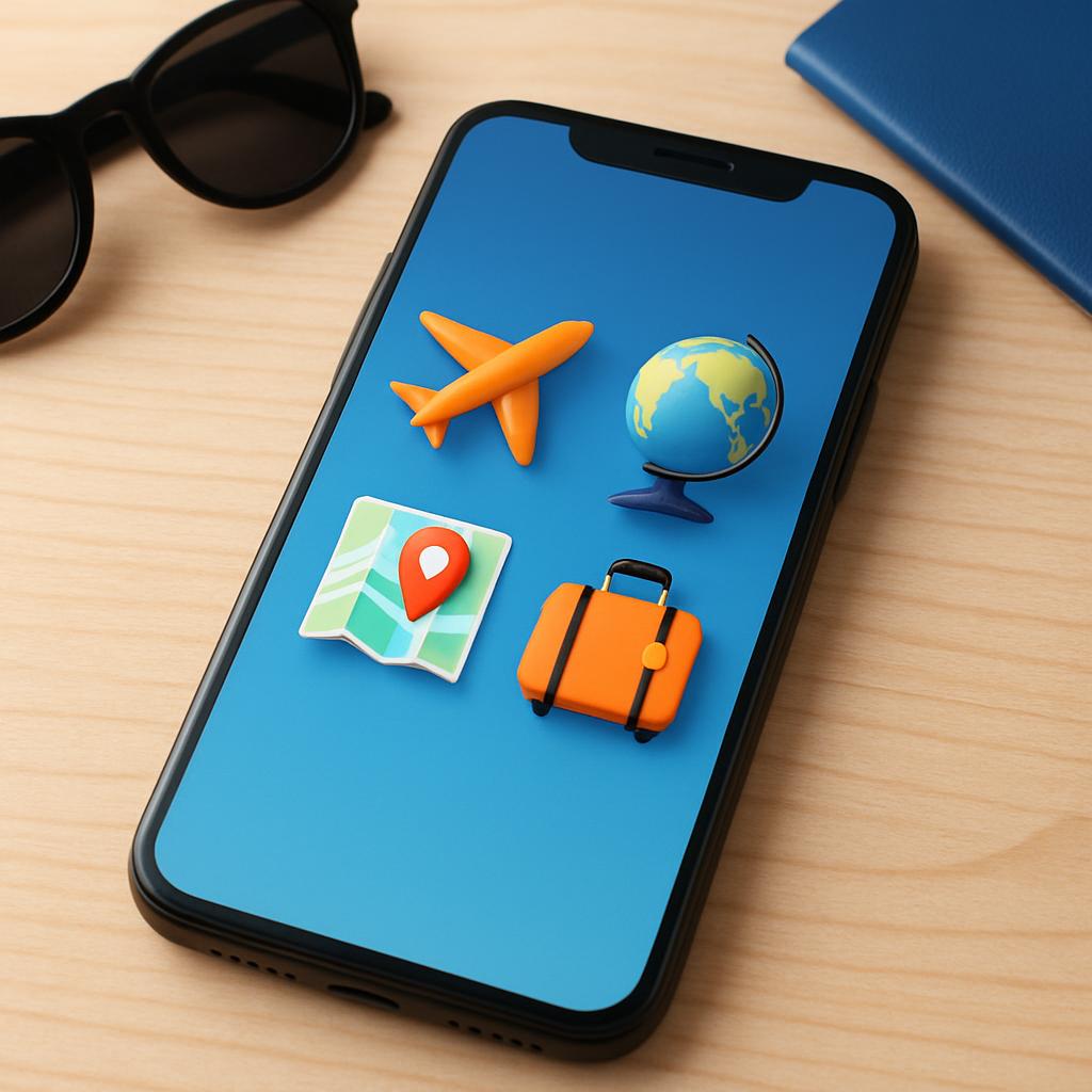 Smartphone displaying virtual 3D-style travel app stickers.