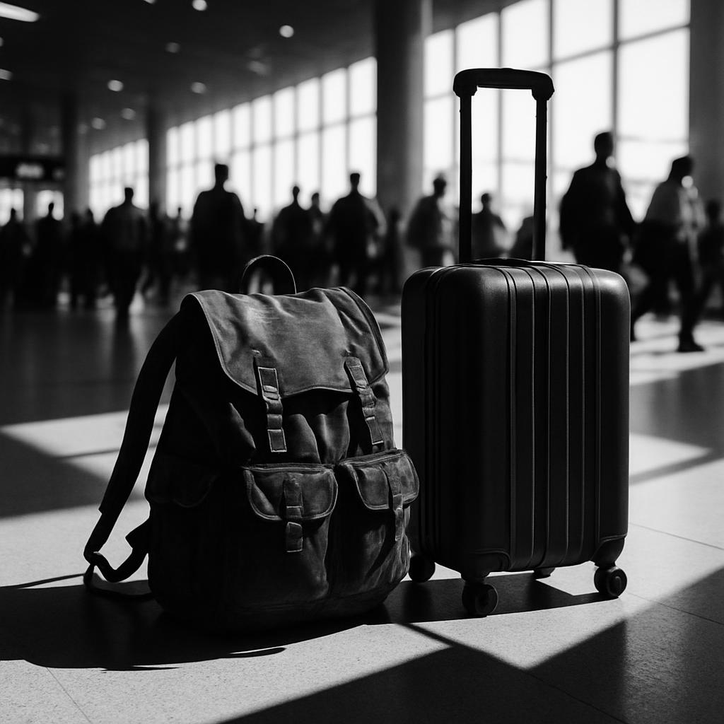 Monochrome image of a luggage bag and a suitcase in an airport setting, with other travelers visible in the background.
